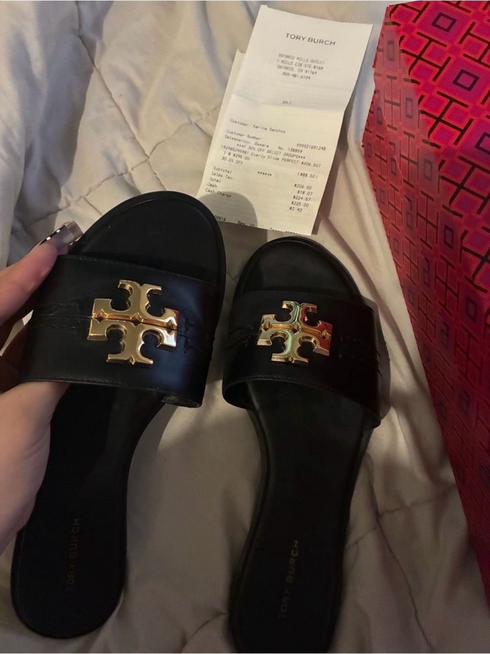 Tory Burch Black Leather Slide Sandals with Gold Logo Emblem
